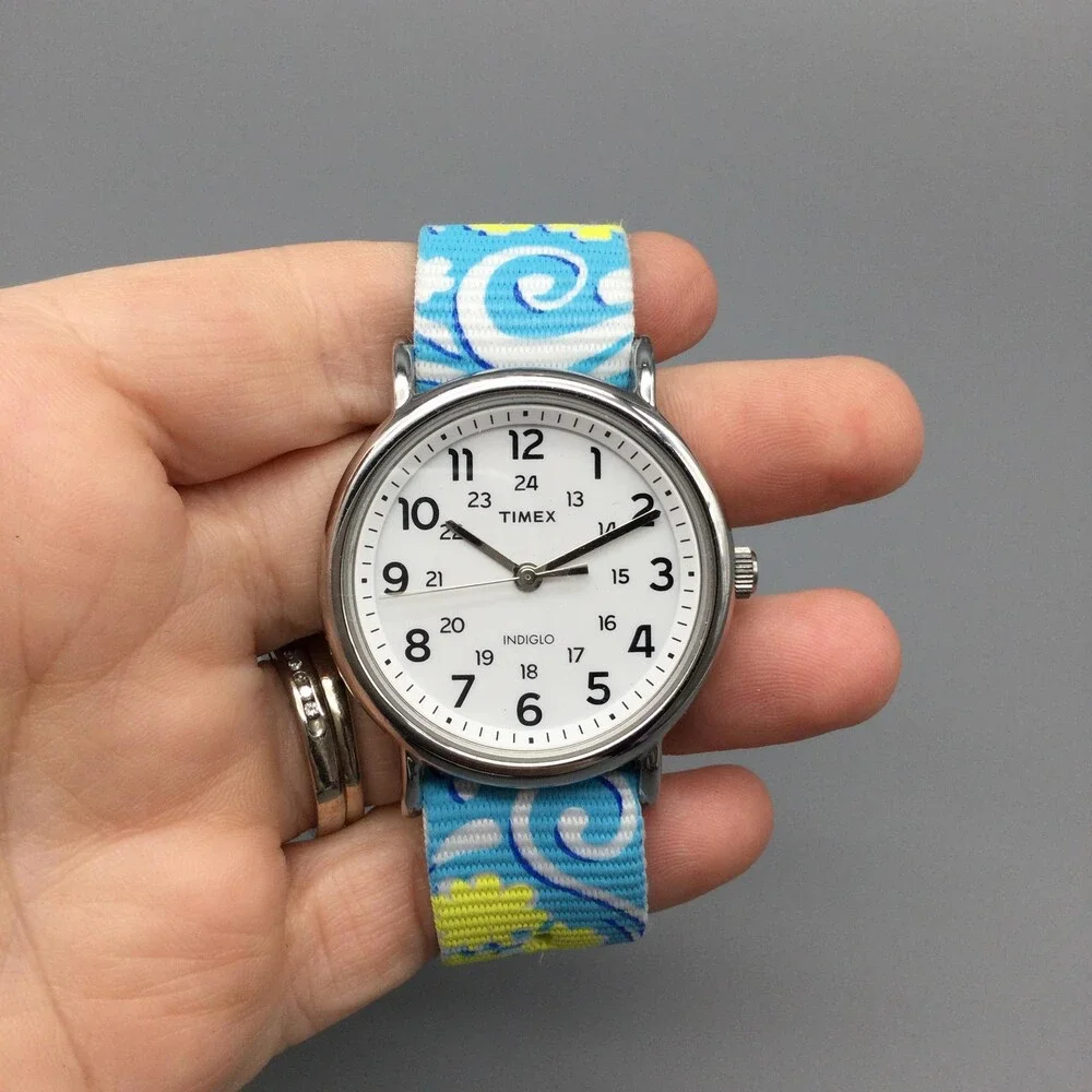 Timex Womens Watch 38mm White Dial Blue Floral Nylon Band Indiglo TW2R24000 - Picture 5 of 15